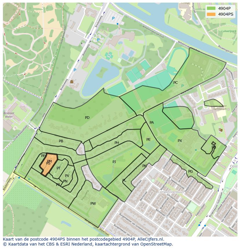 Afbeelding van het postcodegebied 4904 PS op de kaart.