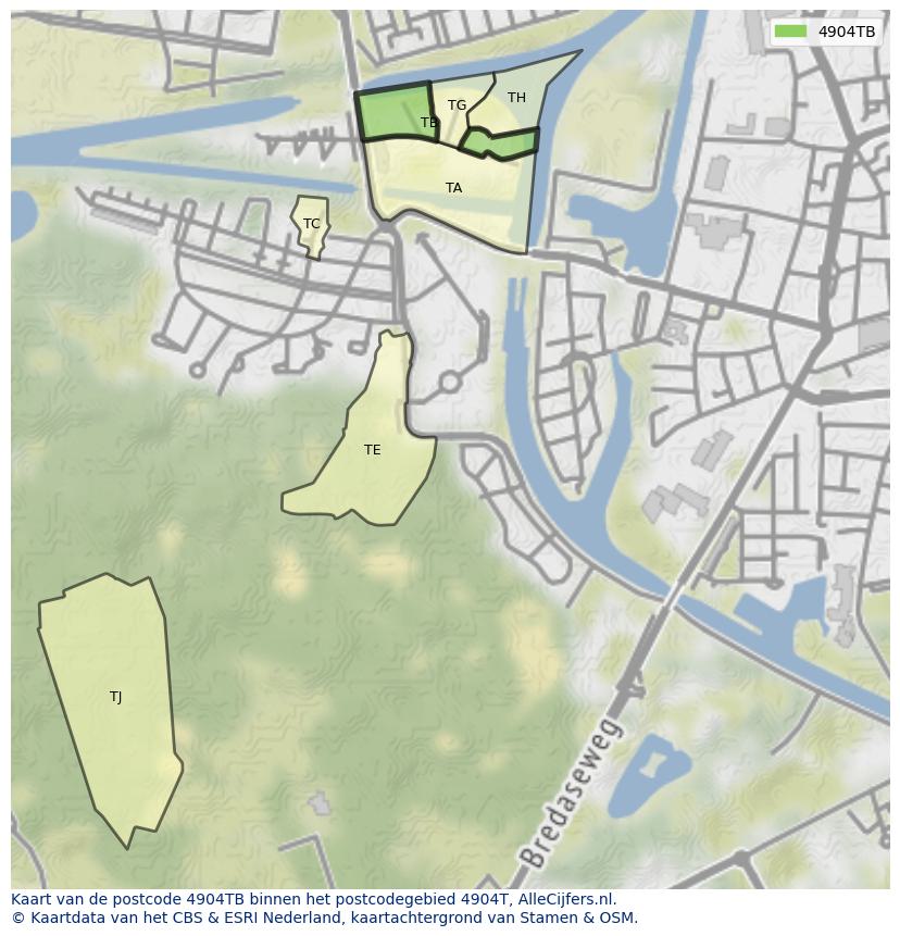 Afbeelding van het postcodegebied 4904 TB op de kaart.
