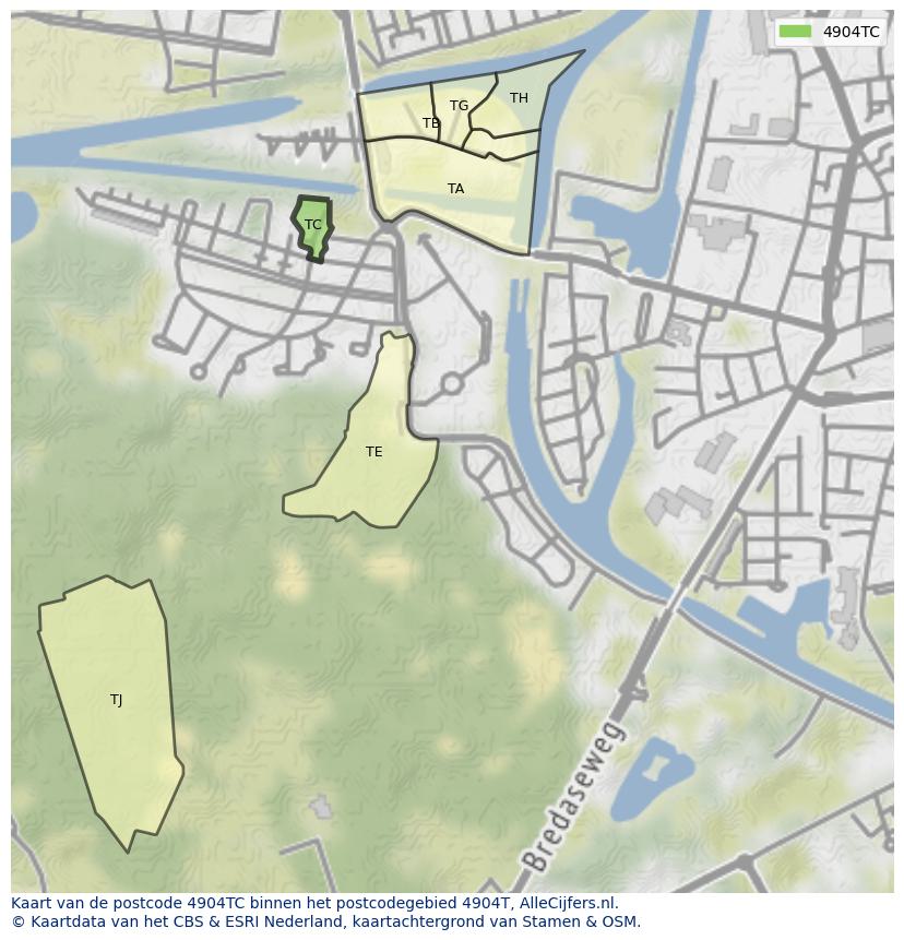 Afbeelding van het postcodegebied 4904 TC op de kaart.