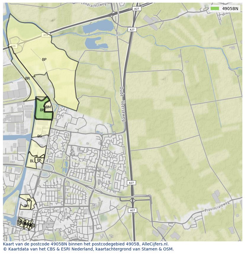 Afbeelding van het postcodegebied 4905 BN op de kaart.