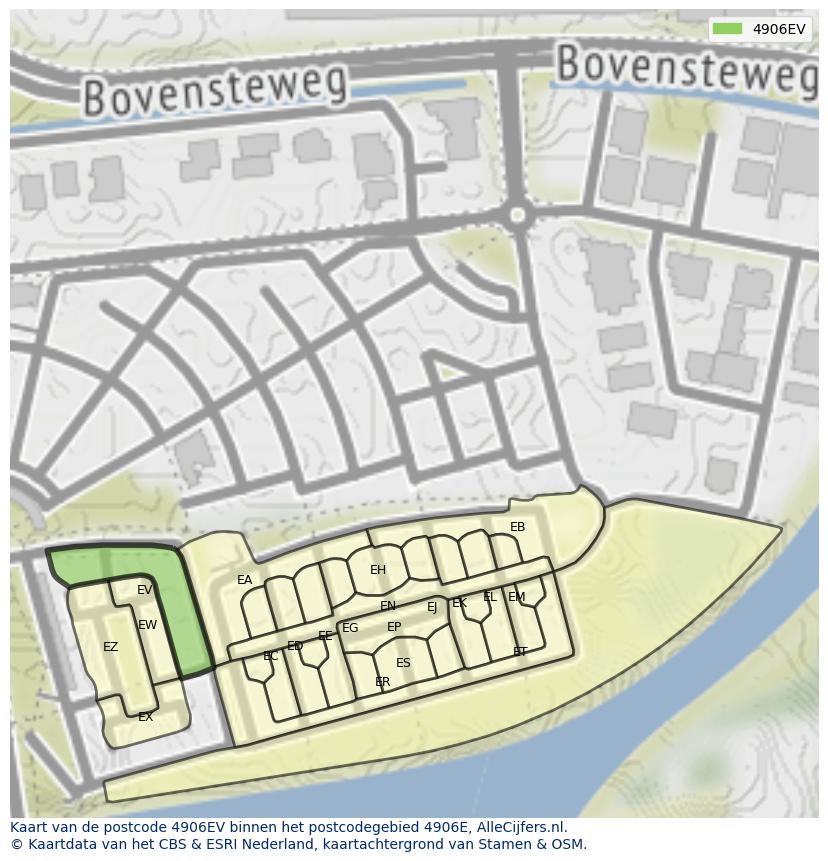 Afbeelding van het postcodegebied 4906 EV op de kaart.