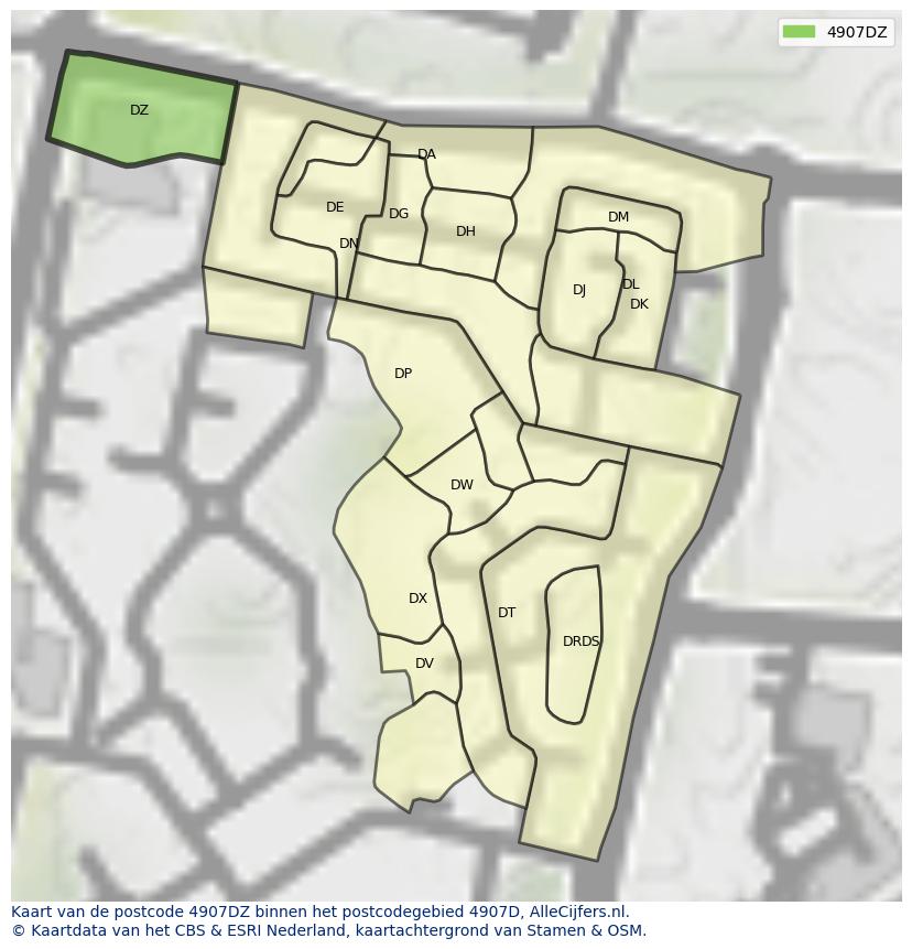 Afbeelding van het postcodegebied 4907 DZ op de kaart.