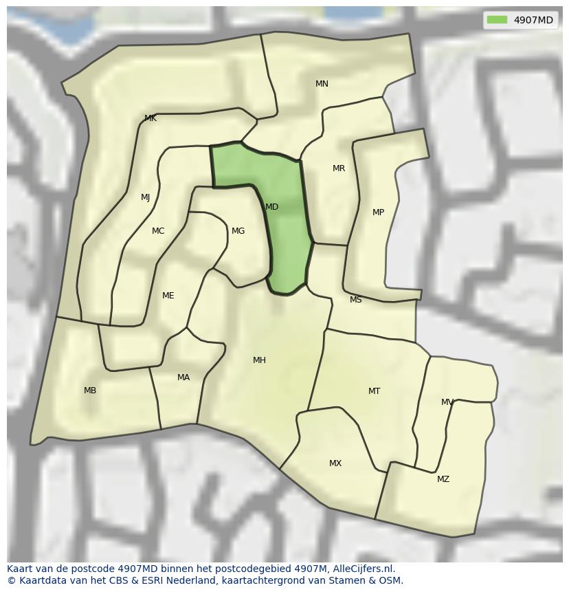Afbeelding van het postcodegebied 4907 MD op de kaart.