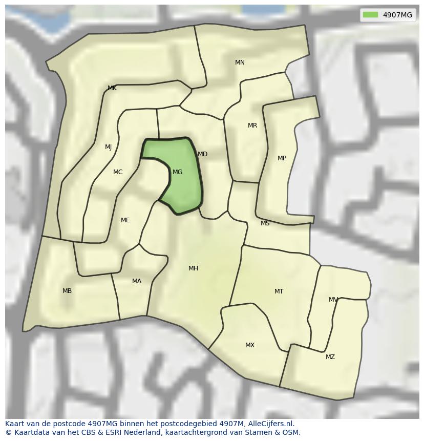 Afbeelding van het postcodegebied 4907 MG op de kaart.