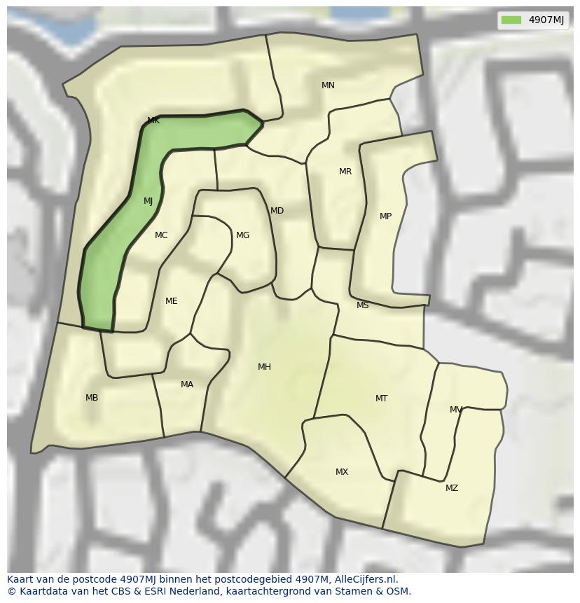 Afbeelding van het postcodegebied 4907 MJ op de kaart.