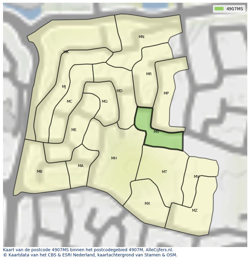 Afbeelding van het postcodegebied 4907 MS op de kaart.