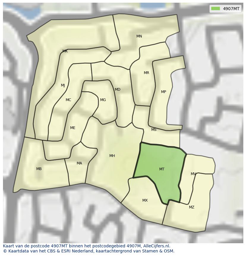 Afbeelding van het postcodegebied 4907 MT op de kaart.