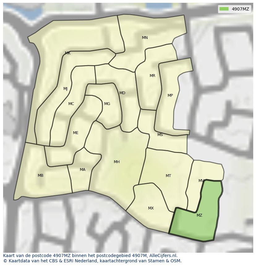 Afbeelding van het postcodegebied 4907 MZ op de kaart.