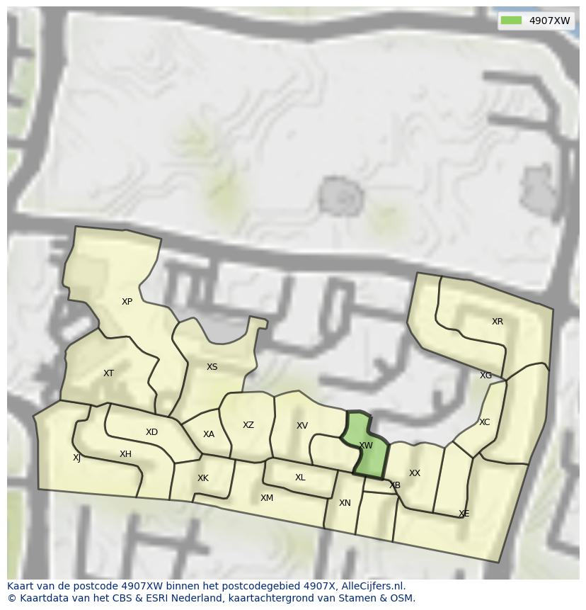 Afbeelding van het postcodegebied 4907 XW op de kaart.