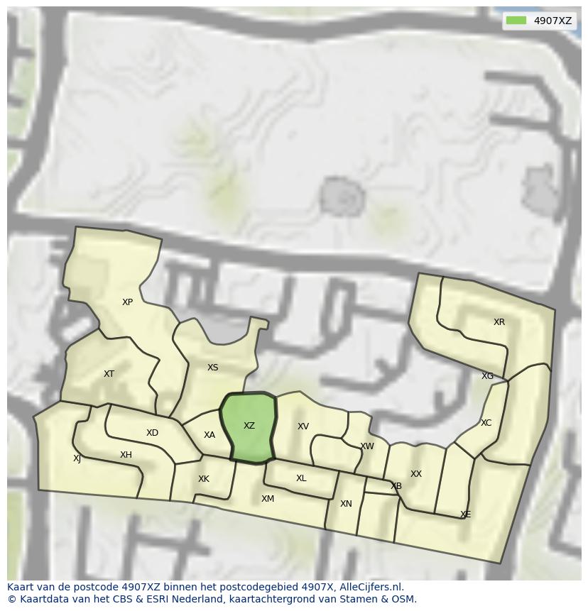 Afbeelding van het postcodegebied 4907 XZ op de kaart.