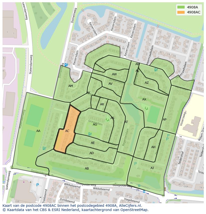 Afbeelding van het postcodegebied 4908 AC op de kaart.