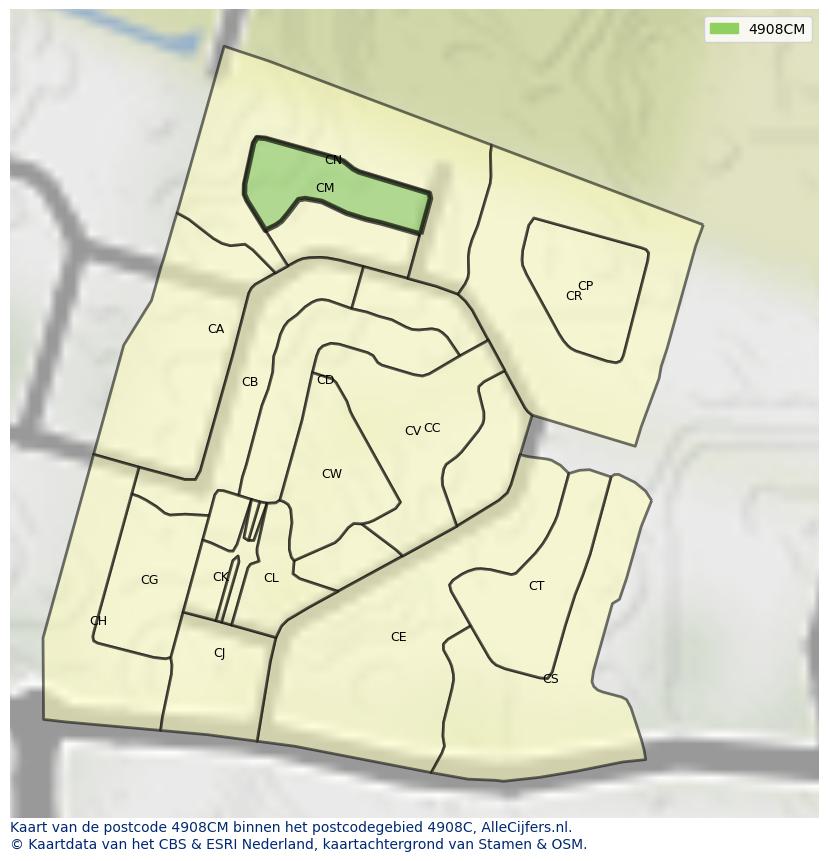 Afbeelding van het postcodegebied 4908 CM op de kaart.
