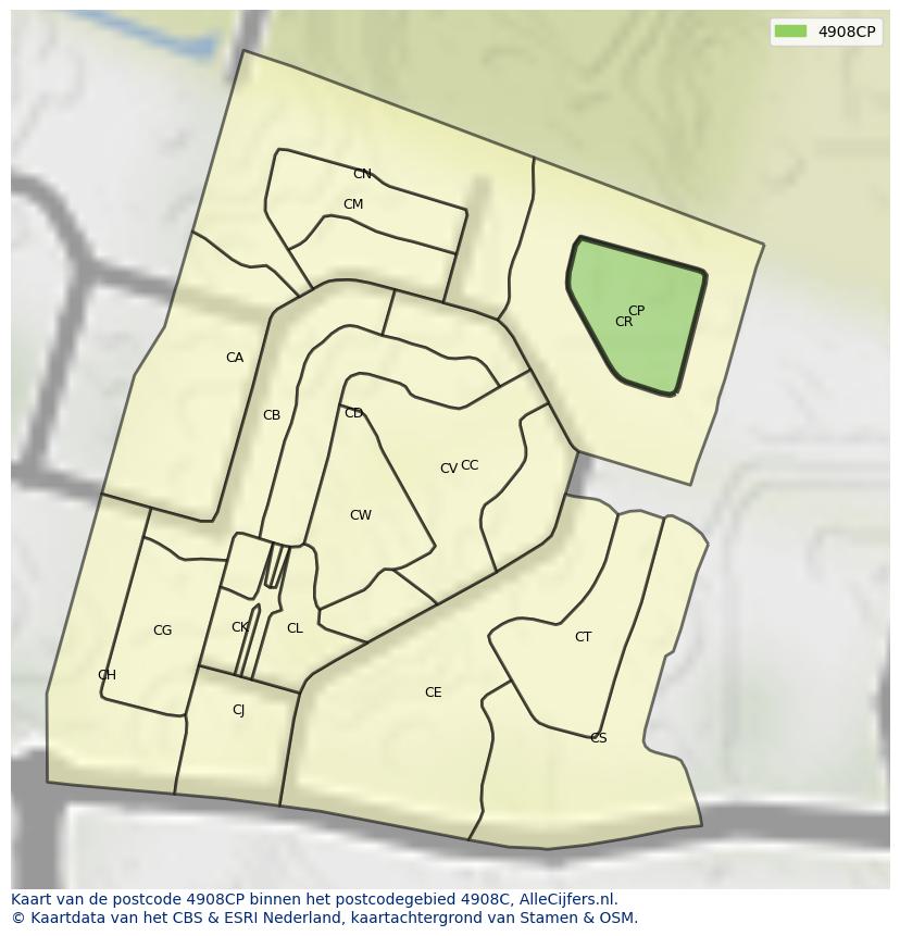 Afbeelding van het postcodegebied 4908 CP op de kaart.