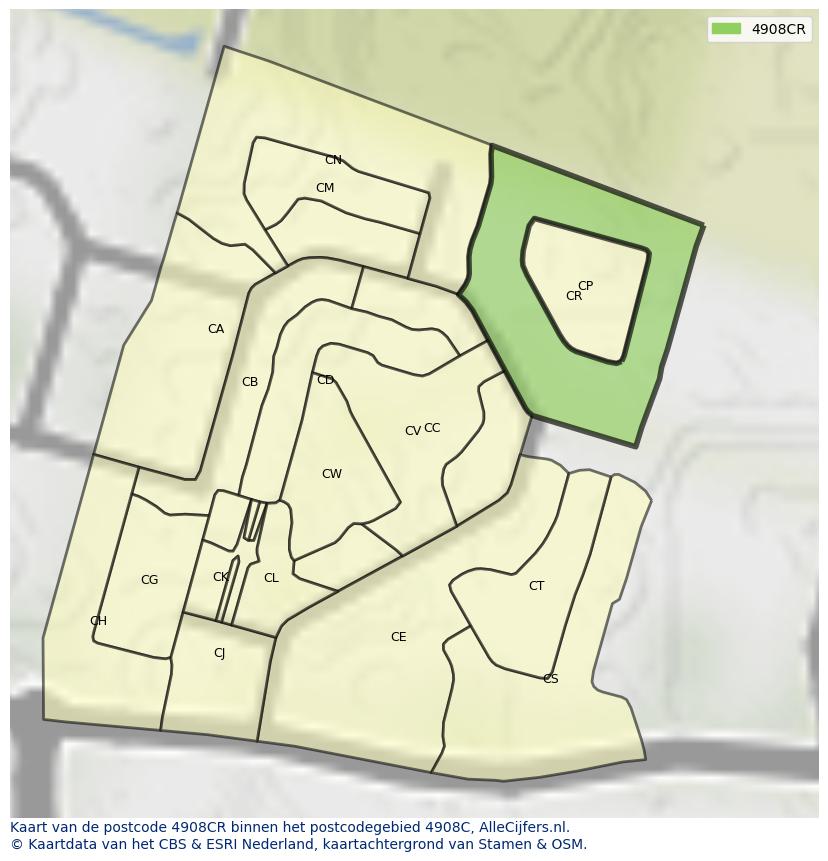 Afbeelding van het postcodegebied 4908 CR op de kaart.