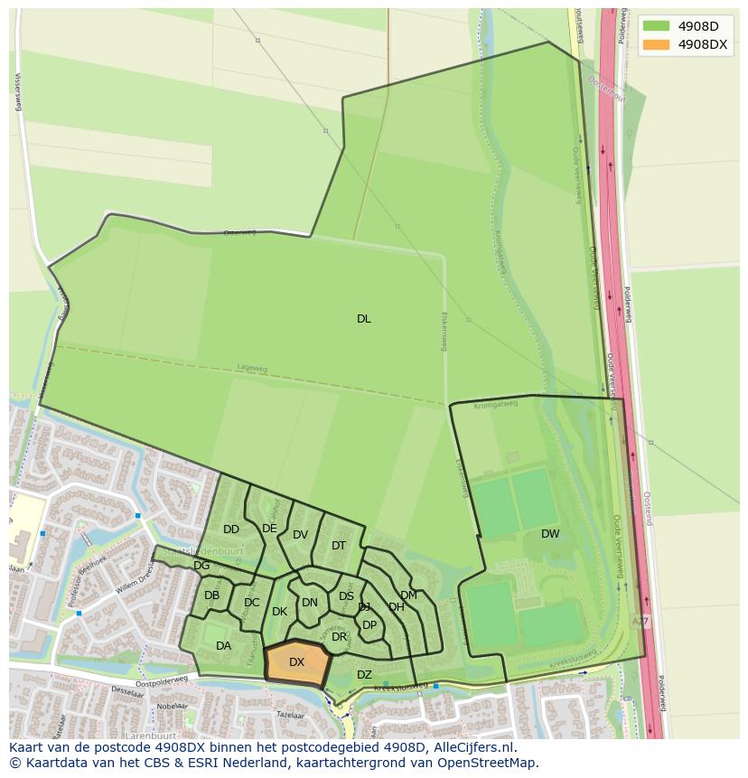 Afbeelding van het postcodegebied 4908 DX op de kaart.