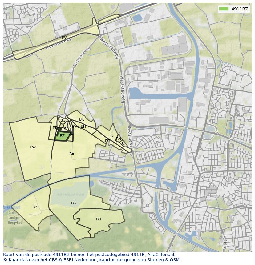 Afbeelding van het postcodegebied 4911 BZ op de kaart.