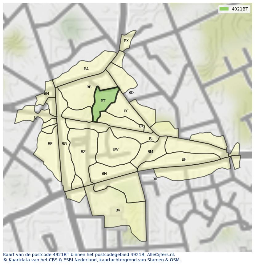 Afbeelding van het postcodegebied 4921 BT op de kaart.