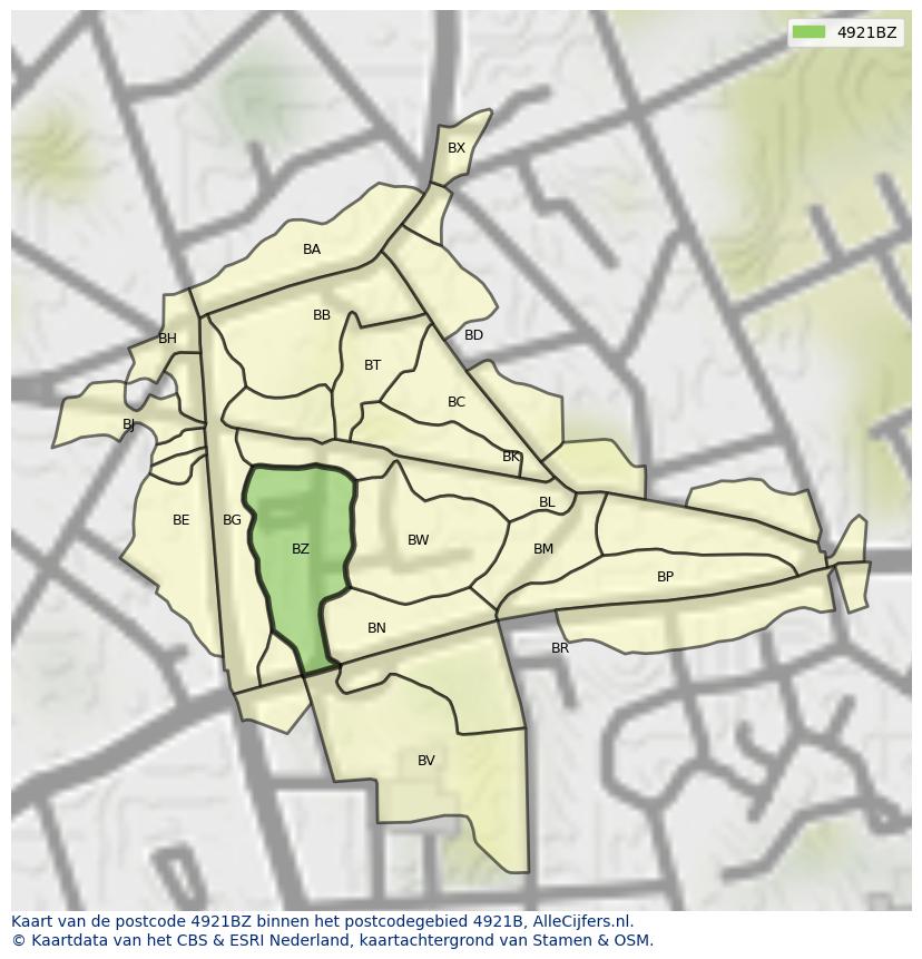 Afbeelding van het postcodegebied 4921 BZ op de kaart.