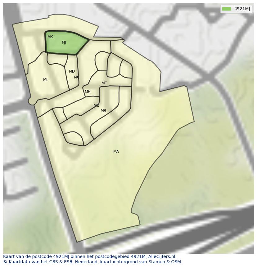 Afbeelding van het postcodegebied 4921 MJ op de kaart.