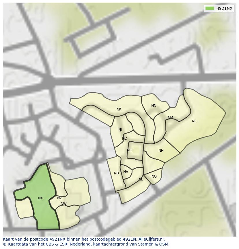 Afbeelding van het postcodegebied 4921 NX op de kaart.