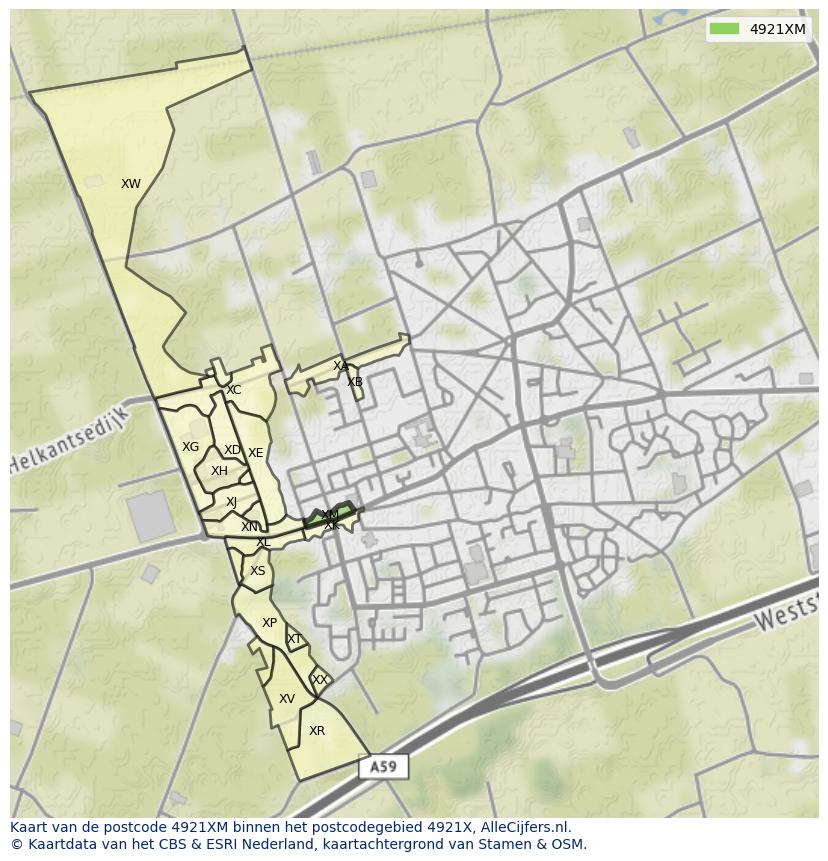 Afbeelding van het postcodegebied 4921 XM op de kaart.