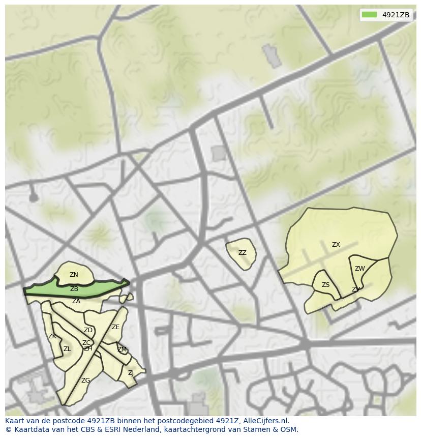 Afbeelding van het postcodegebied 4921 ZB op de kaart.