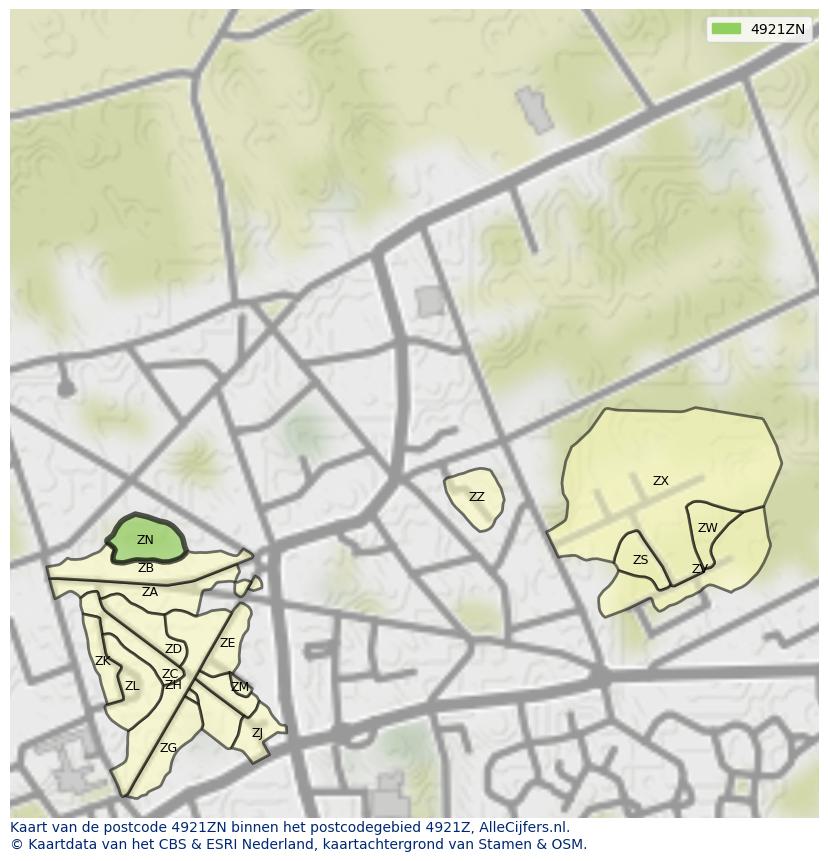 Afbeelding van het postcodegebied 4921 ZN op de kaart.