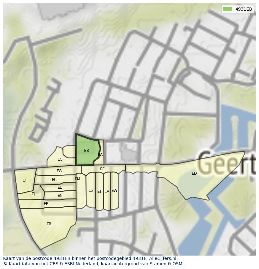 Afbeelding van het postcodegebied 4931 EB op de kaart.