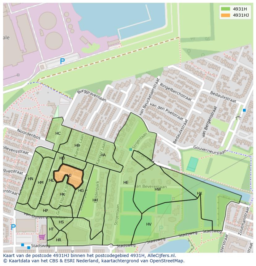 Afbeelding van het postcodegebied 4931 HJ op de kaart.