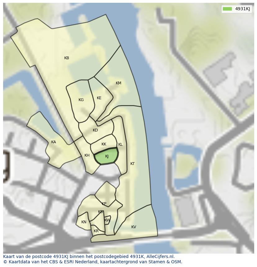 Afbeelding van het postcodegebied 4931 KJ op de kaart.