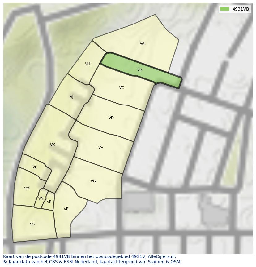 Afbeelding van het postcodegebied 4931 VB op de kaart.