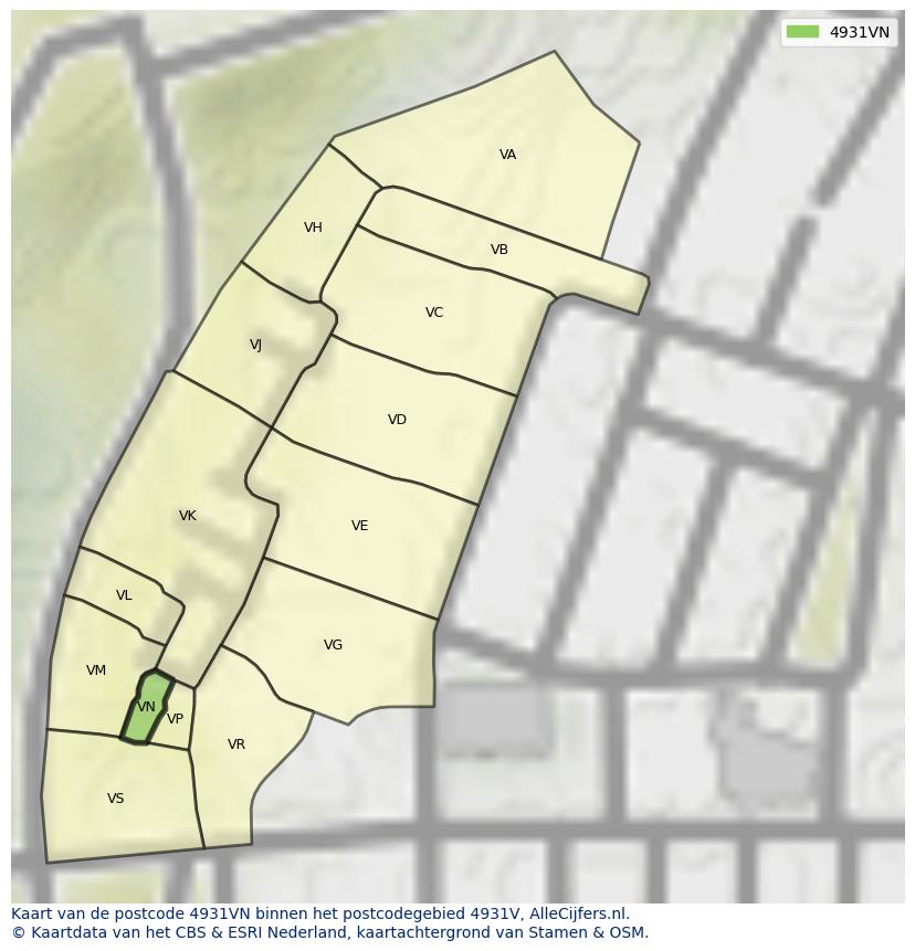 Afbeelding van het postcodegebied 4931 VN op de kaart.