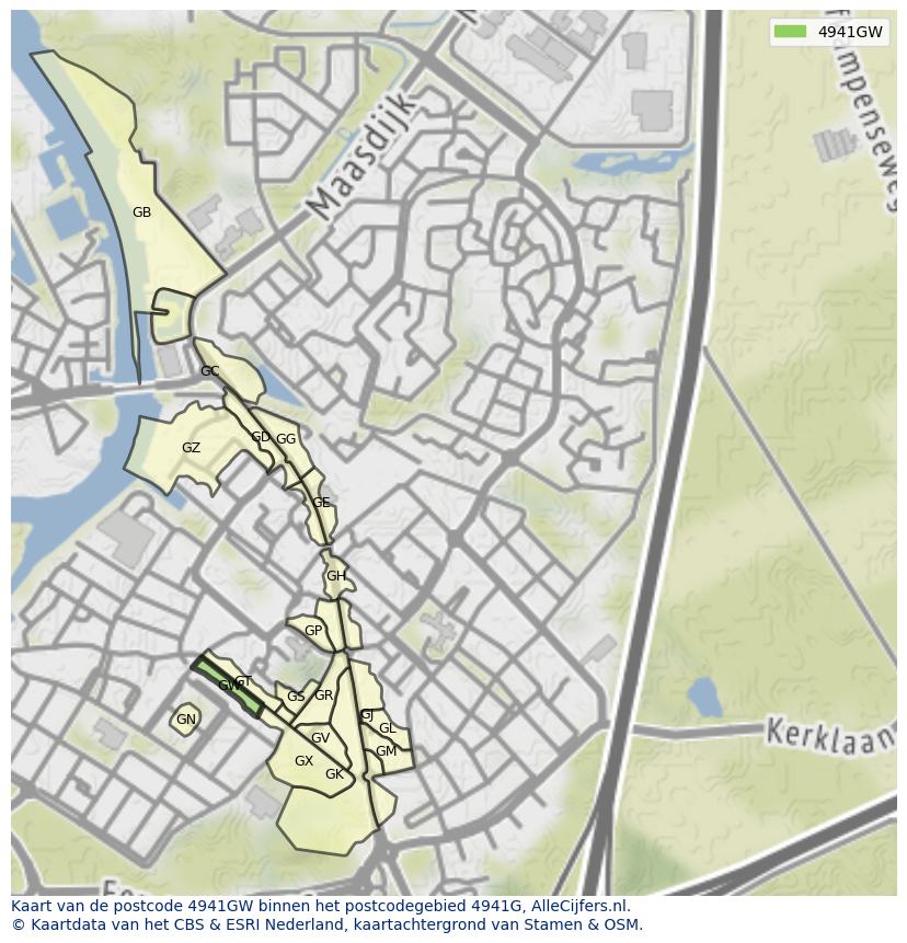 Afbeelding van het postcodegebied 4941 GW op de kaart.
