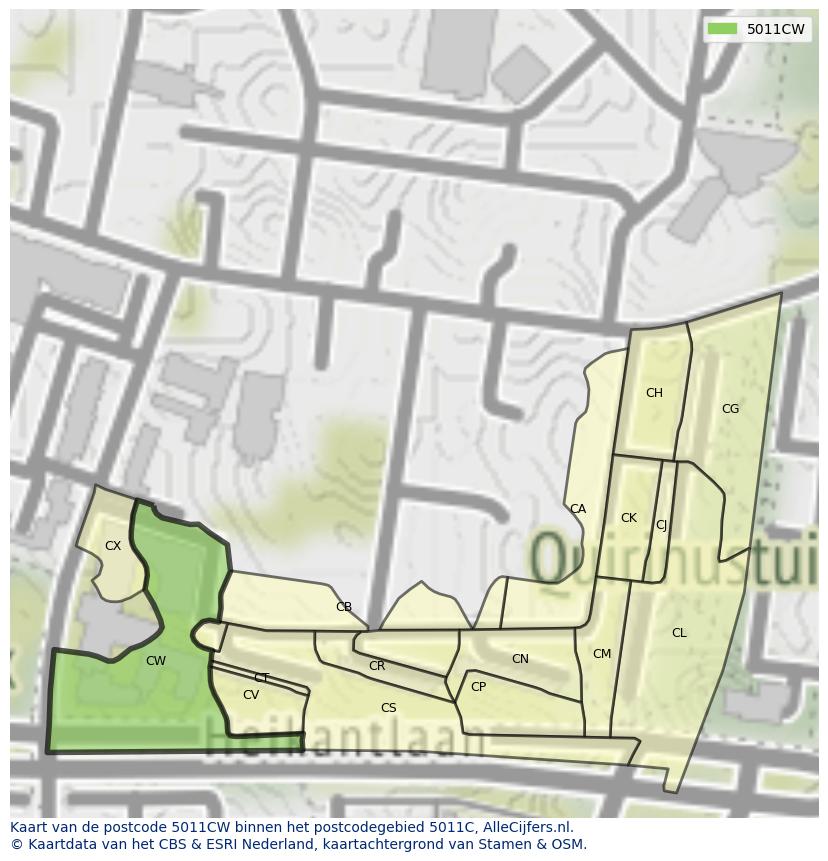 Afbeelding van het postcodegebied 5011 CW op de kaart.