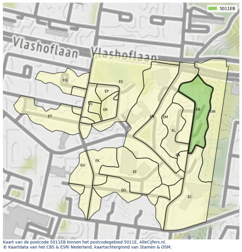 Afbeelding van het postcodegebied 5011 EB op de kaart.