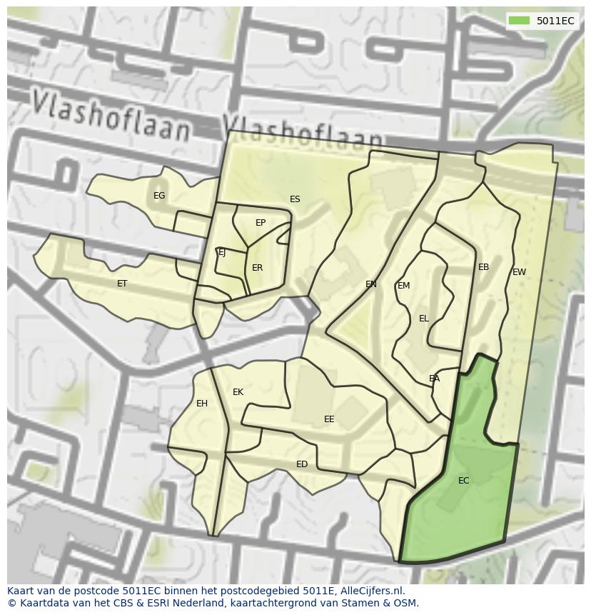 Afbeelding van het postcodegebied 5011 EC op de kaart.