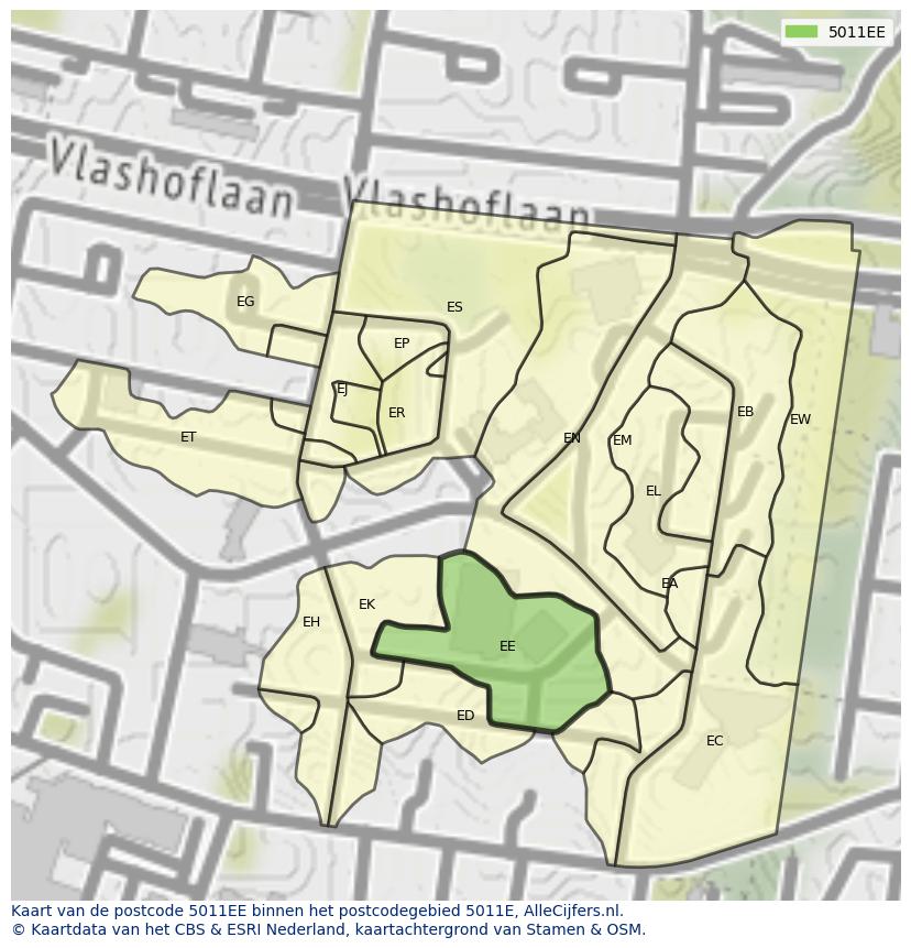Afbeelding van het postcodegebied 5011 EE op de kaart.