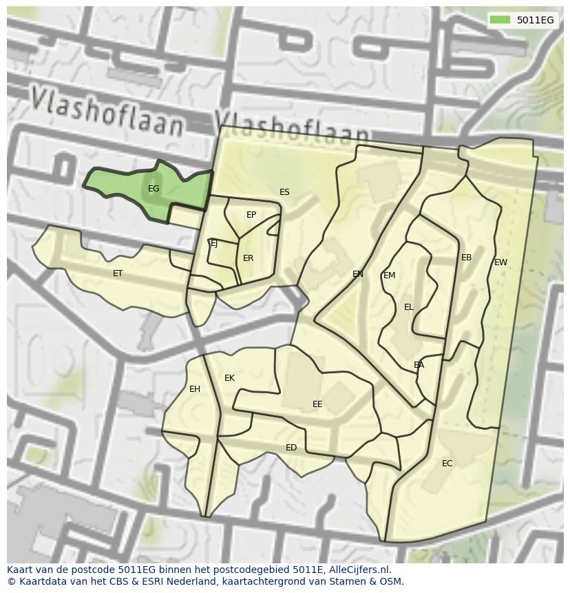Afbeelding van het postcodegebied 5011 EG op de kaart.