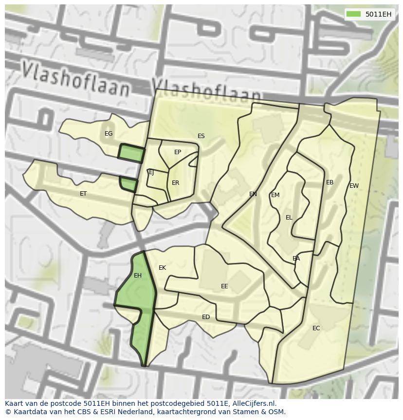 Afbeelding van het postcodegebied 5011 EH op de kaart.