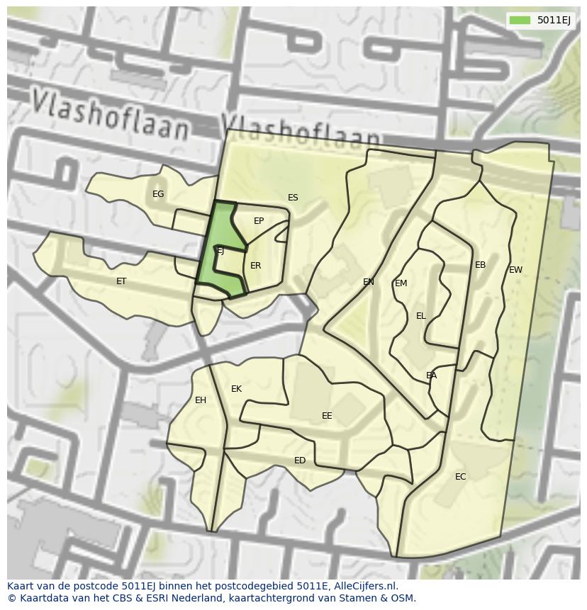Afbeelding van het postcodegebied 5011 EJ op de kaart.
