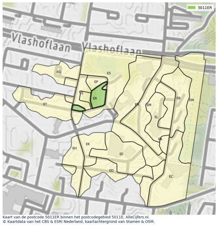 Afbeelding van het postcodegebied 5011 ER op de kaart.