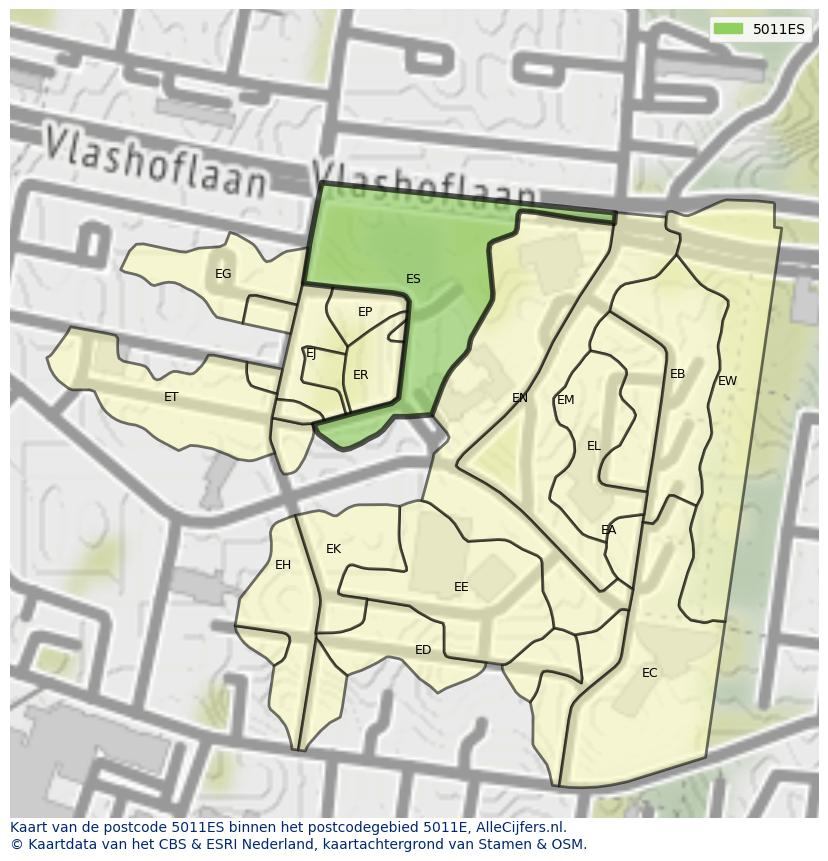 Afbeelding van het postcodegebied 5011 ES op de kaart.