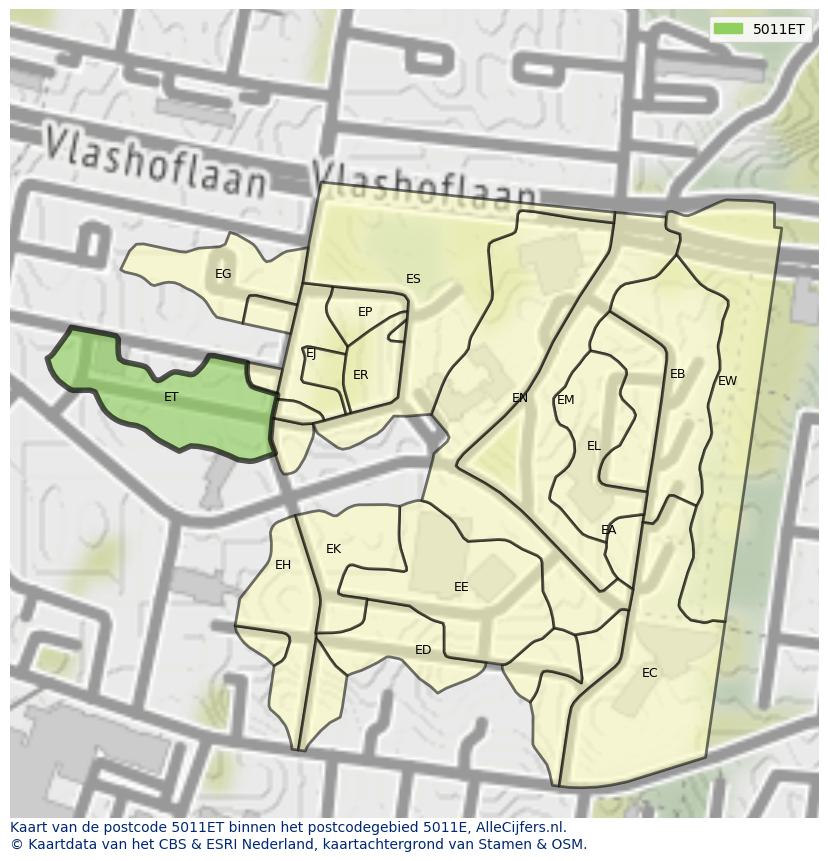 Afbeelding van het postcodegebied 5011 ET op de kaart.