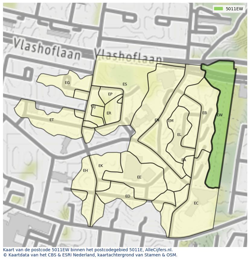 Afbeelding van het postcodegebied 5011 EW op de kaart.