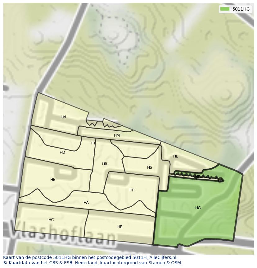 Afbeelding van het postcodegebied 5011 HG op de kaart.