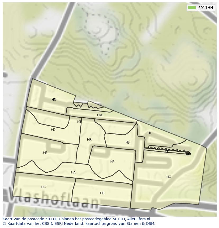 Afbeelding van het postcodegebied 5011 HH op de kaart.
