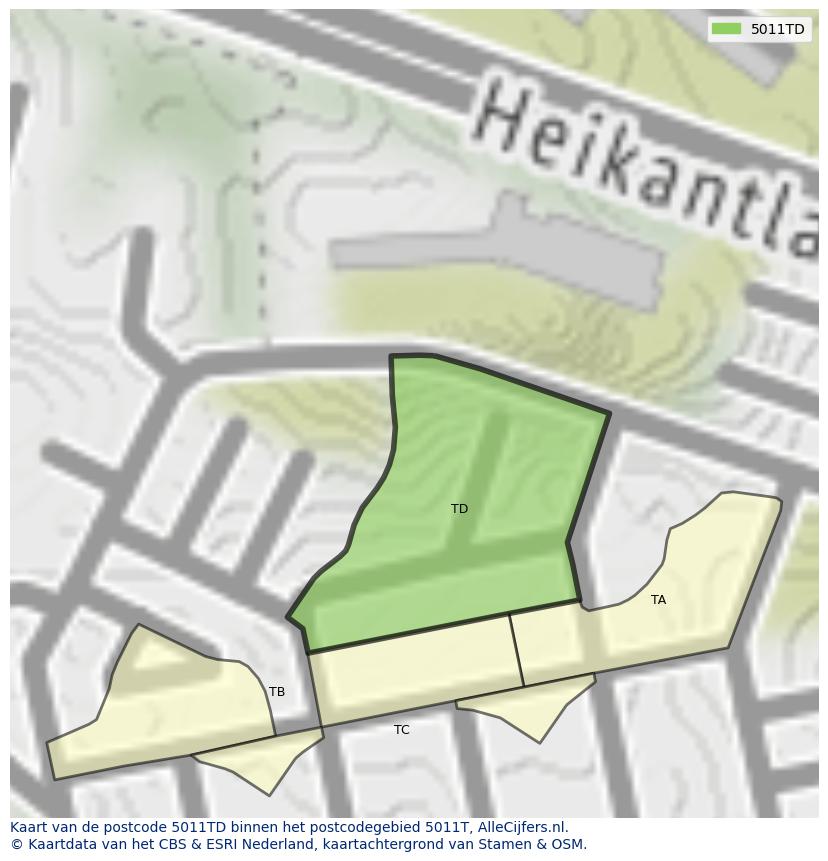 Afbeelding van het postcodegebied 5011 TD op de kaart.