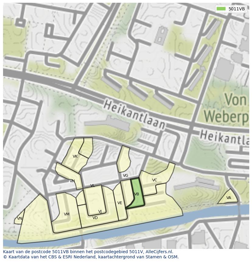 Afbeelding van het postcodegebied 5011 VB op de kaart.