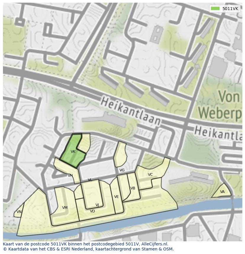 Afbeelding van het postcodegebied 5011 VK op de kaart.