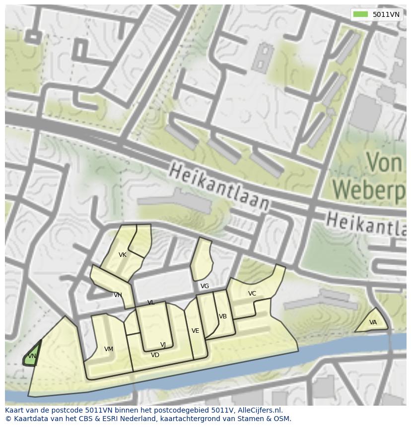 Afbeelding van het postcodegebied 5011 VN op de kaart.